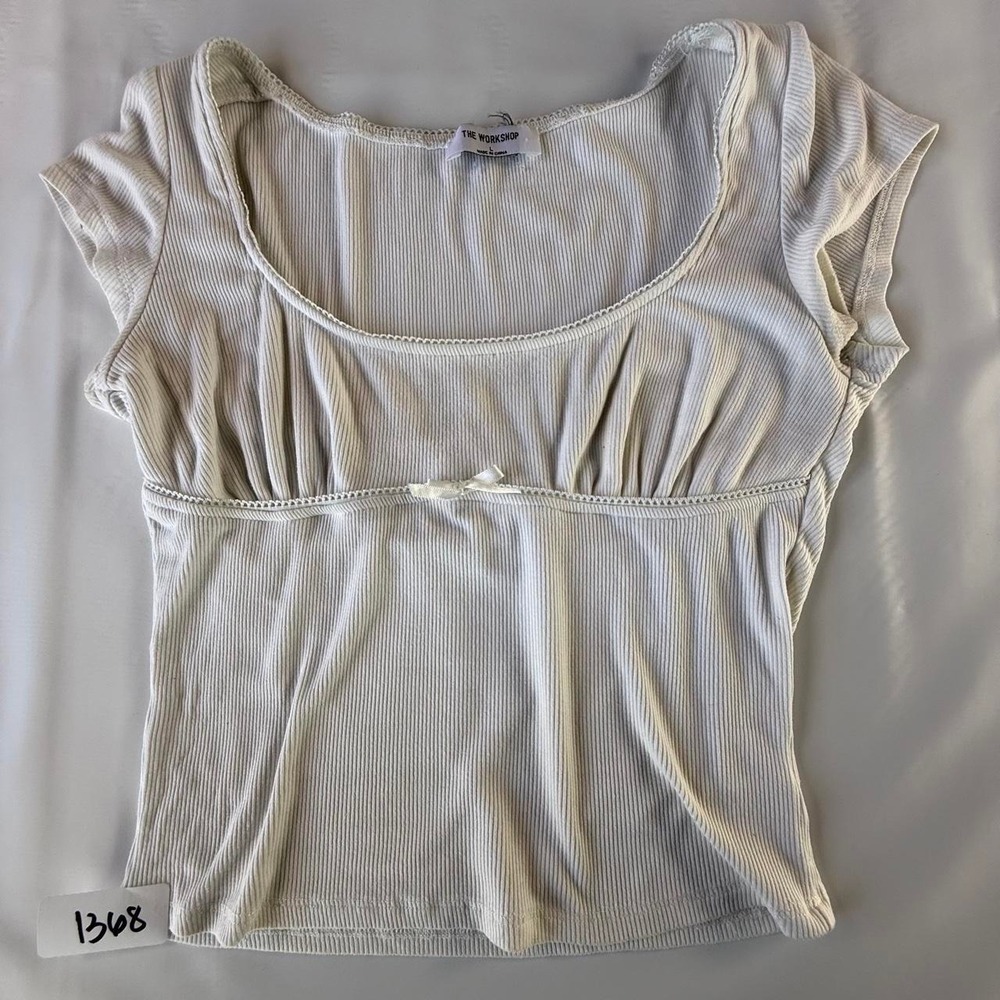 The Workshop White Ribbed Coquette Bow Scoop Neck Cap Sleeve Baby Tee L